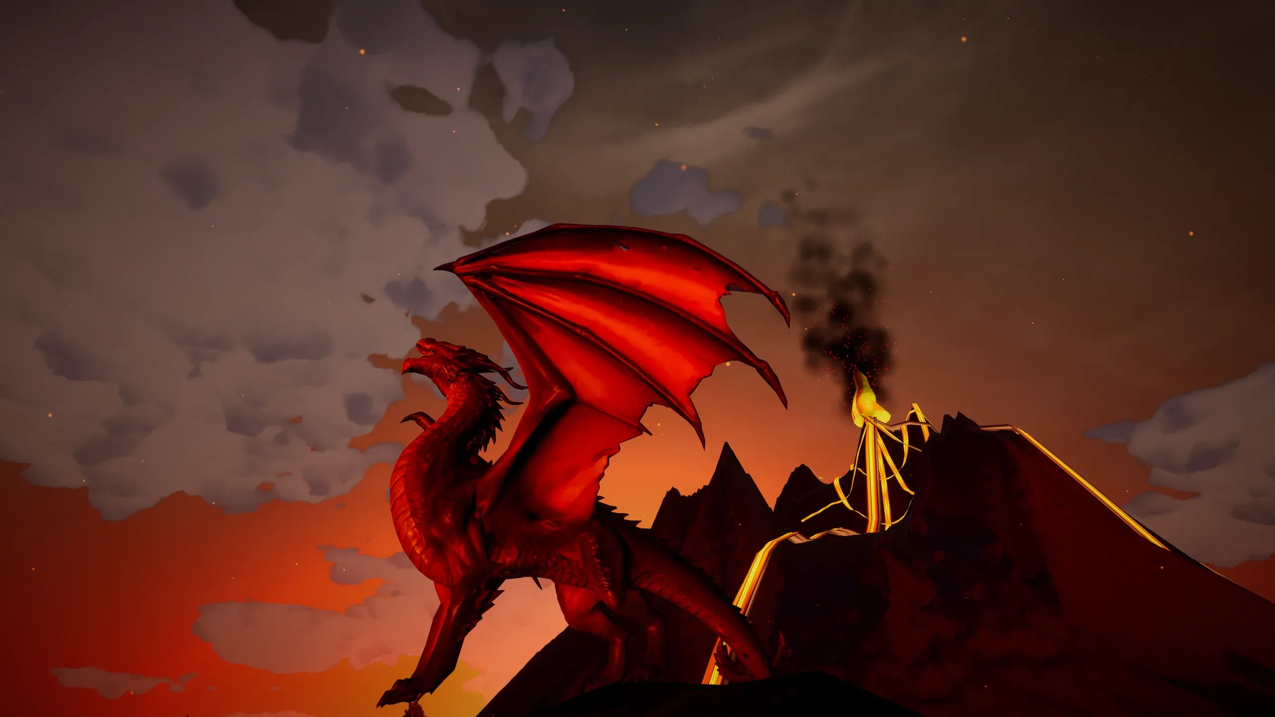 A red dragon on a smoking volcano under an orange sky.