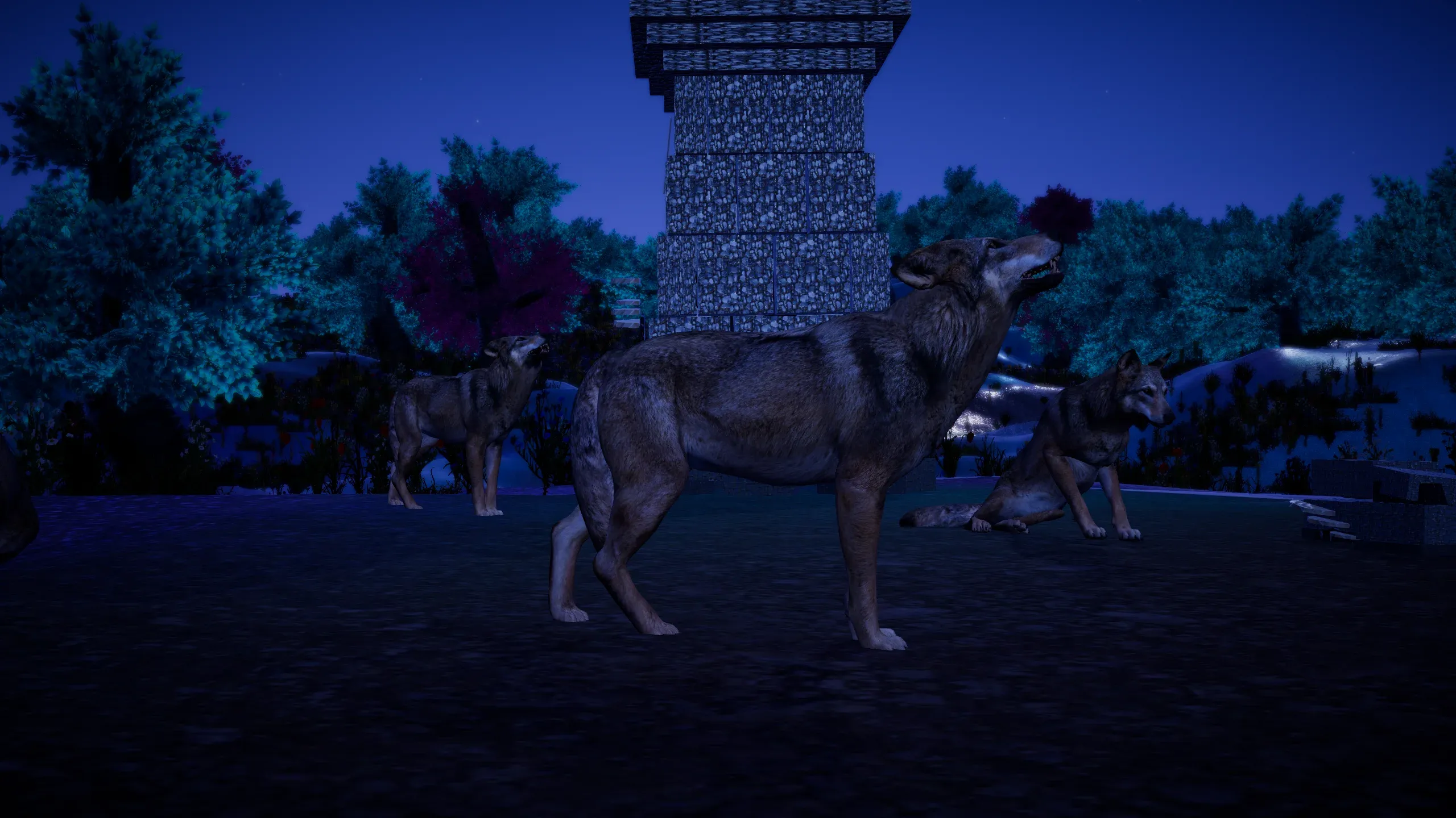A wolf howling at the foot of a stone tower in a night forest, its pack nearby.
