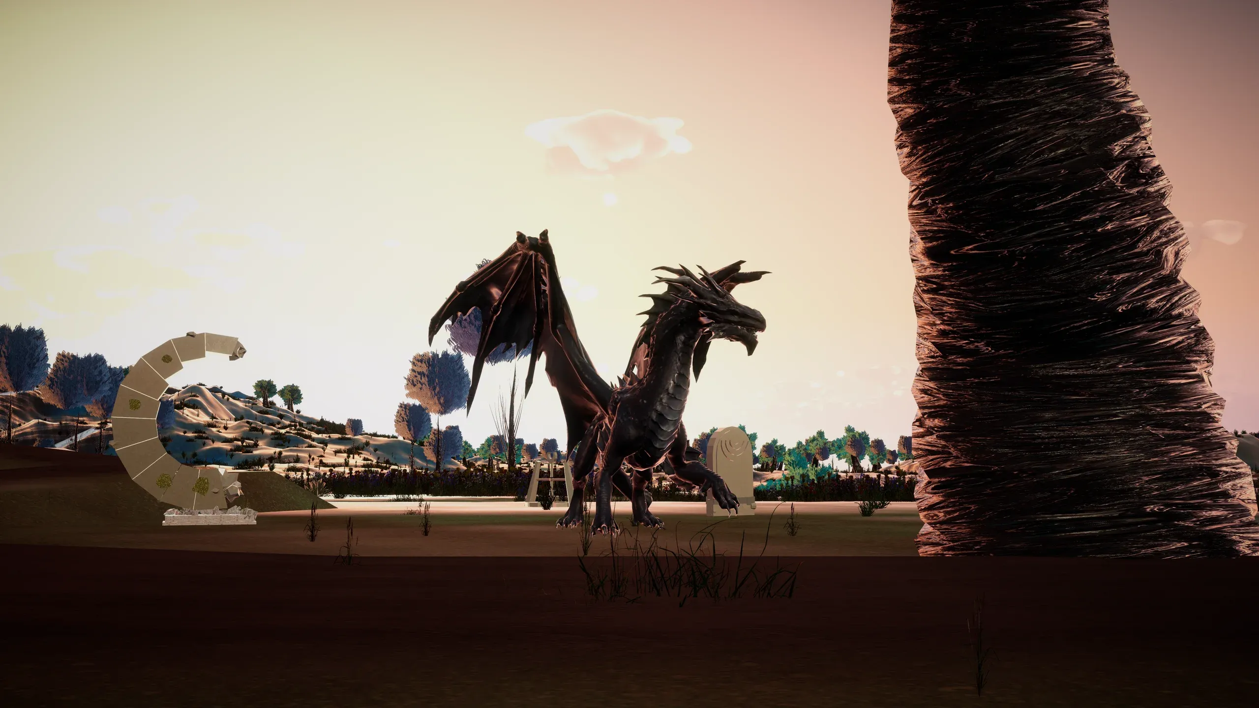 A dark dragon beside a huge twisted tree trunk at dusk.