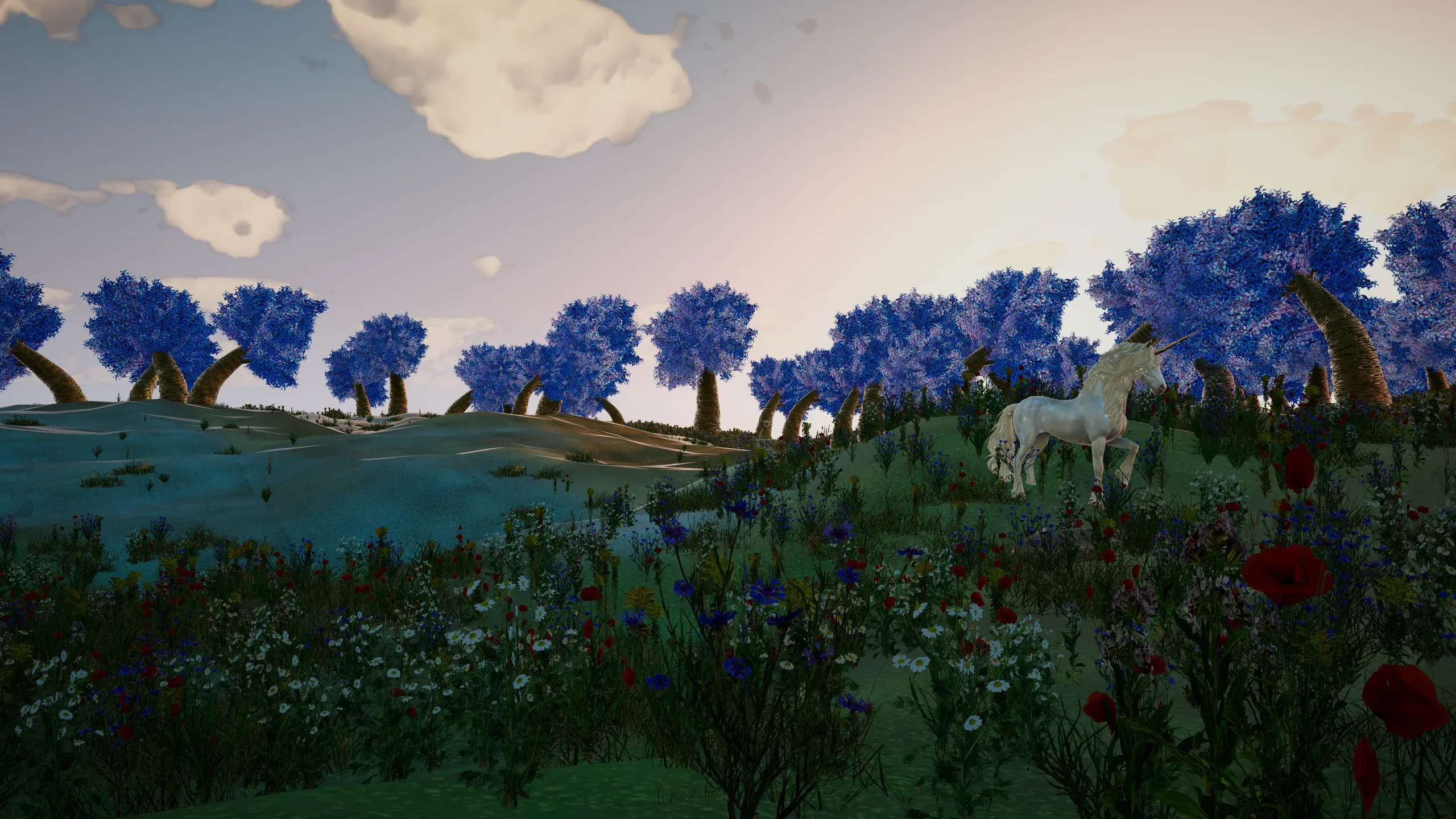A white unicorn on a green hill beneath a row of blue trees.