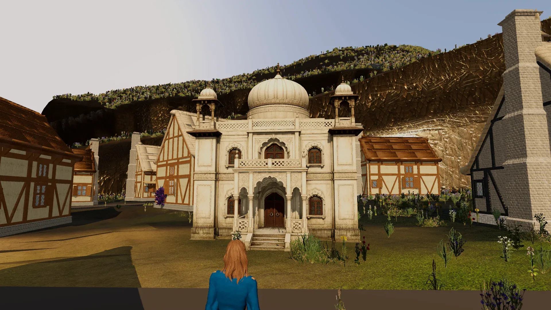 A white domed house in the style of the Taj Mahal among timber-framed village houses, with a player in the foreground.