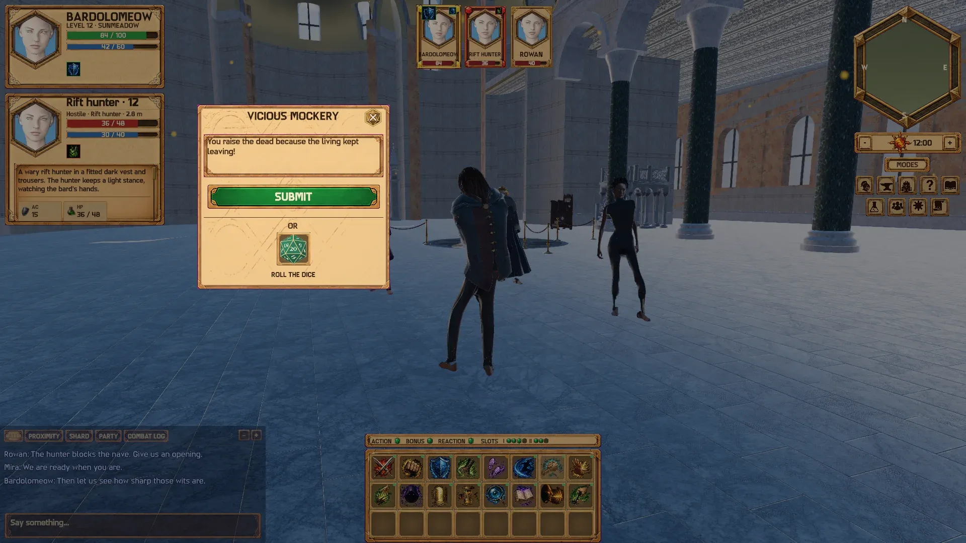 The Vicious Mockery window in combat in a cathedral nave, with the taunt typed in and a Rift hunter as the target.