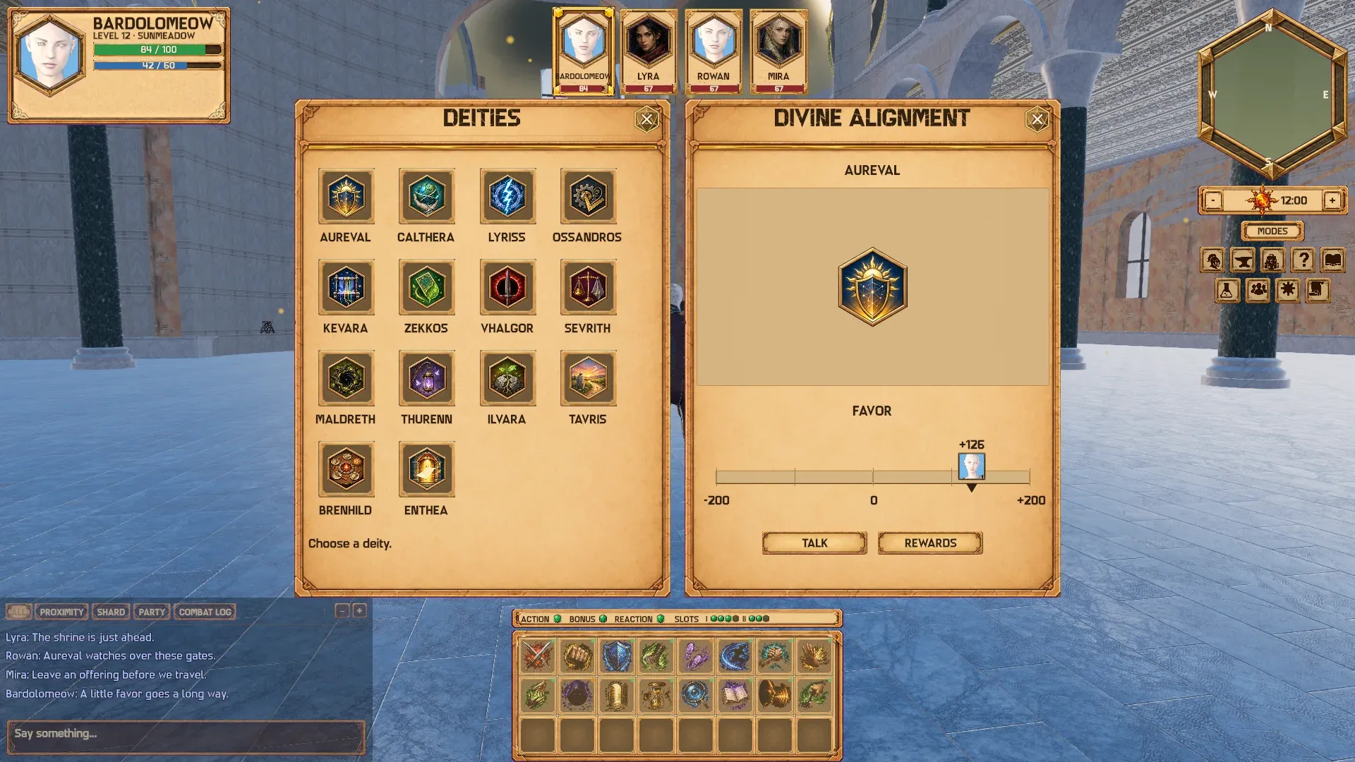 The Deities and Divine Alignment windows: the fourteen deities, and Aureval's favor at +126.